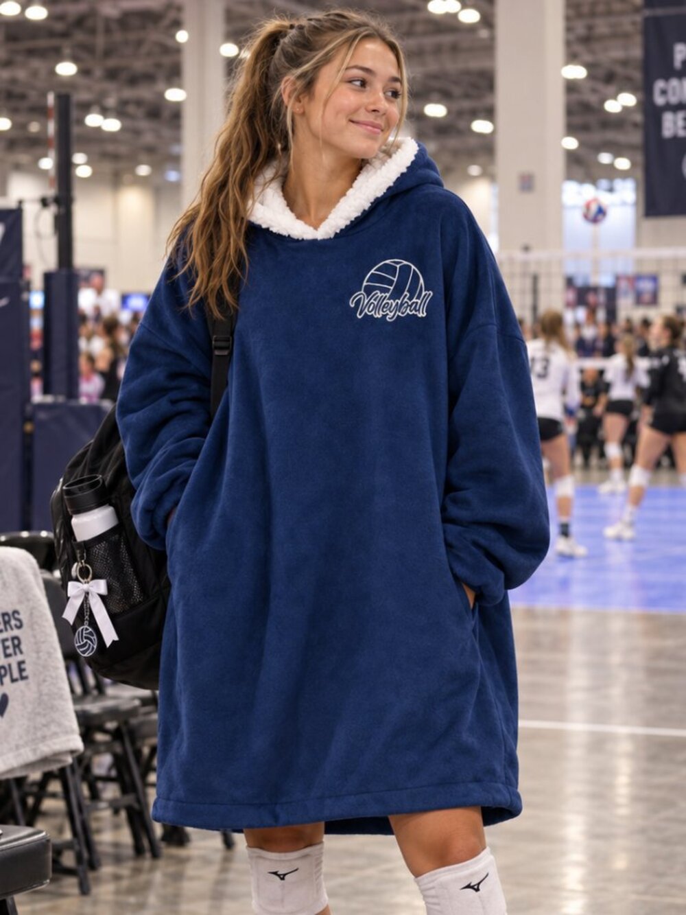Port Authority Navy Volleyball Sherpa Wearable Blanket Hoodie One Size